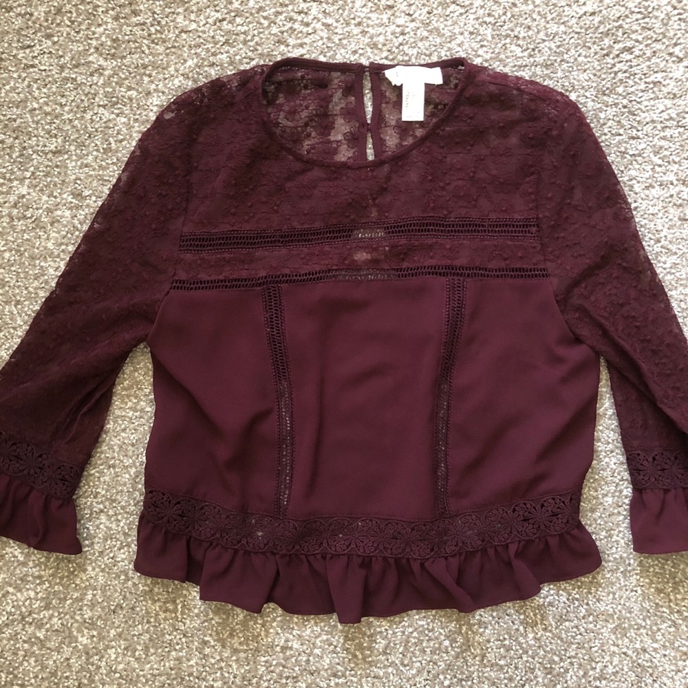 Forever21 Maroon Lace Ruffle Top Long Sleeve